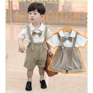 Bộ Áo Sơ Mi polo Màu Trắng + Quần Yếm Ngắn Họa Tiết Sọc Caro Thời Trang Mùa Hè Cho Bé Trai 1-3 Tuổi