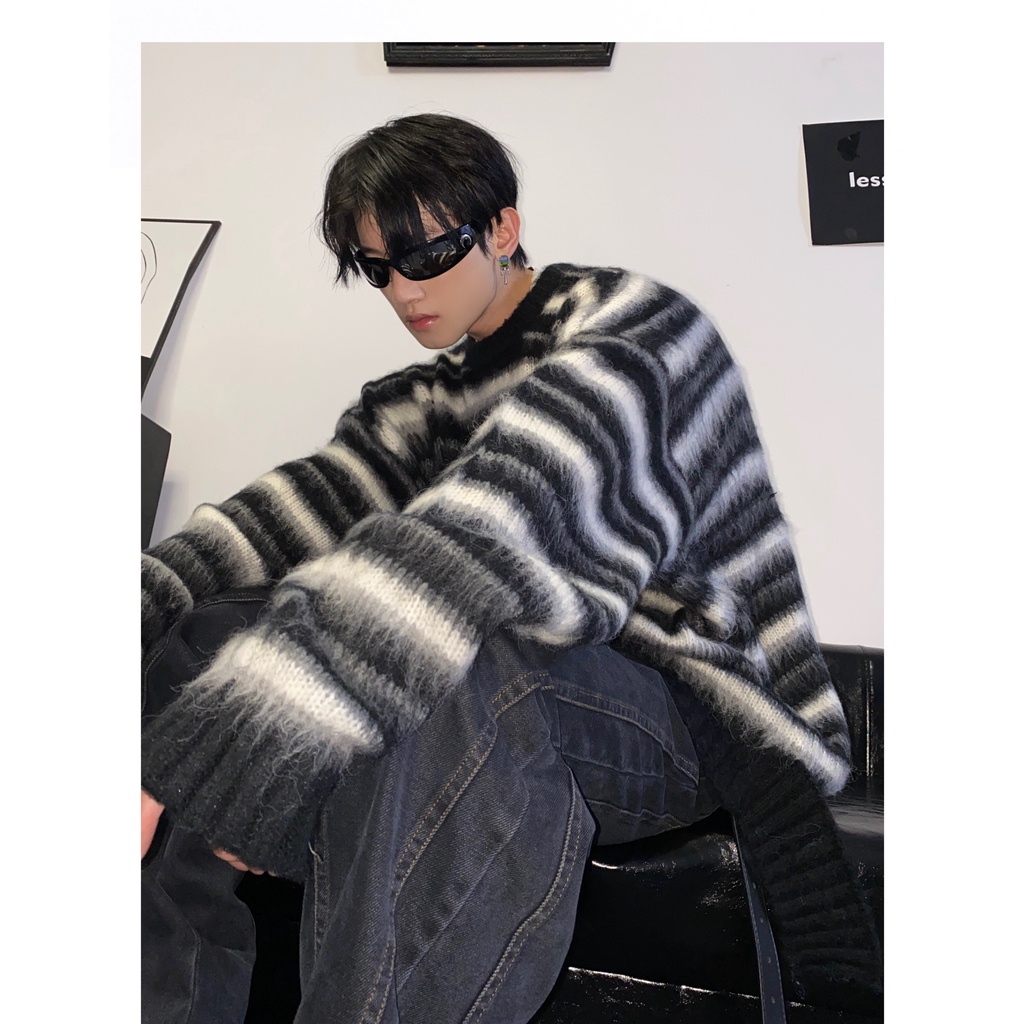 Đen Áo sweater Cổ Tròn Dáng Rộng Họa Tiết Kẻ Sọc Phong Cách Hip Hop Thời Trang Cho Nam