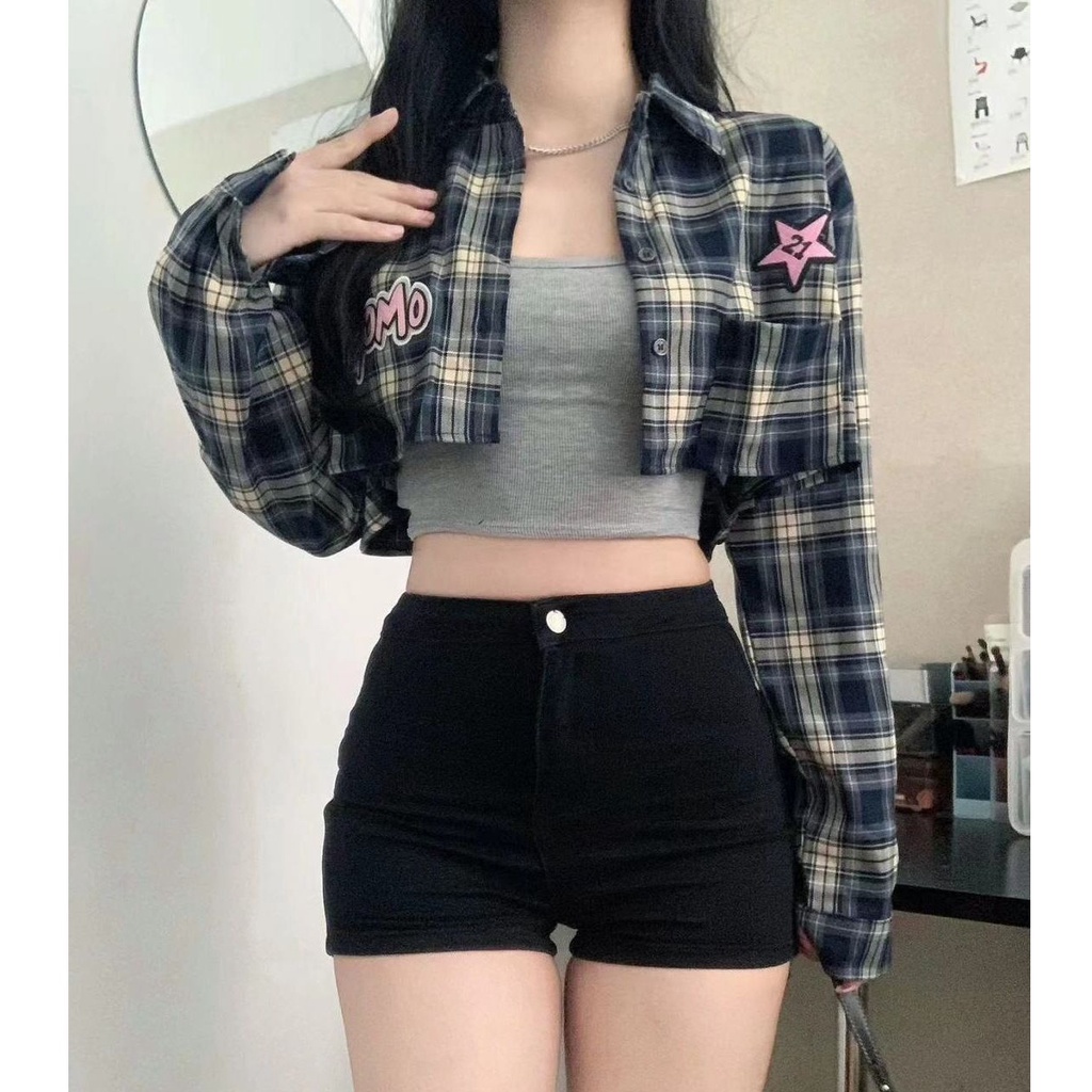 IELGY Áo Khoác Sơ Mi Ngắn Dáng Rộng Kẻ Sọc Caro Thêu Họa Tiết Đơn Giản Thời Trang Cho Nữ