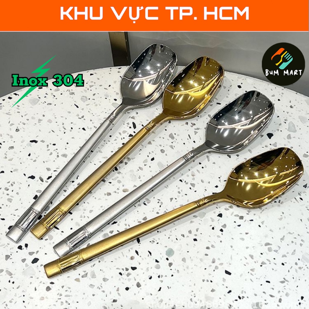 Thìa Vuông Inox 304 Cán Dài Ăn Cơm Muỗng Inox Mạ Vàng Ăn Phở Cháo Cao Cấp Phong Cách Hàn Quốc