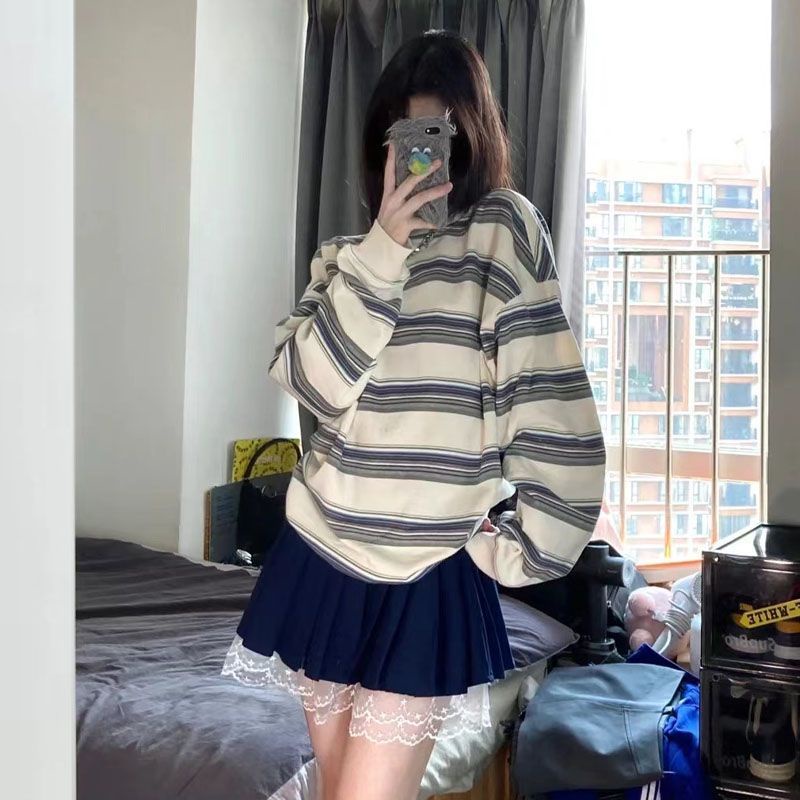 Cozok Áo Sweatshirt Kẻ Sọc Tay Dài oversize Phong Cách retro Thời Trang