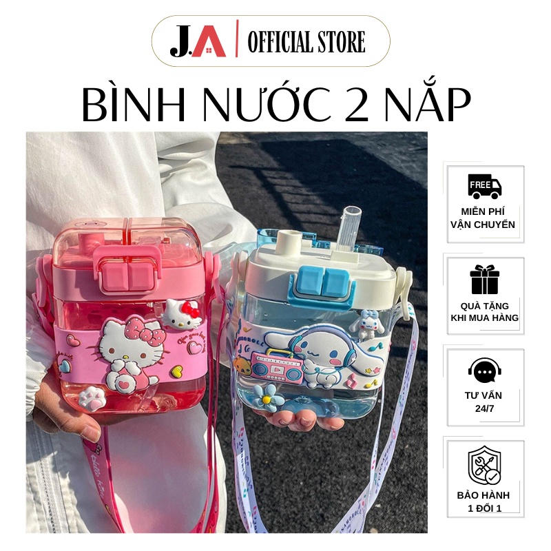 Bình Nước 2 Nắp Cho Bé JA OFFICIAL Disney Sanrio Nhựa Tritan Có Dây Đeo Kitty, Mickey, Gấu Dâu, Kuromi Siêu Dễ Thương