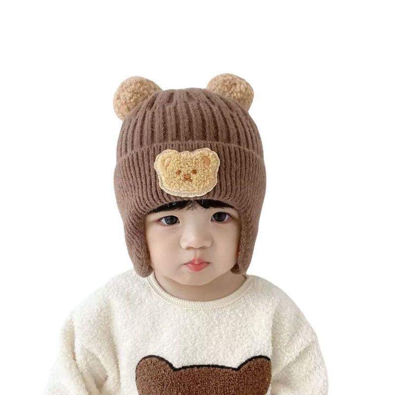 Mũ Dệt Kim Màu Trơn Hình Gấu Hoạt Hình Giữ Ấm Mùa Đông Cho Bé