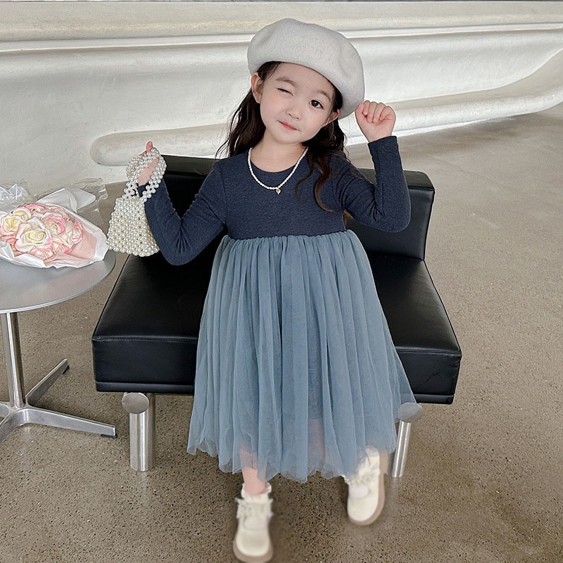 Se7en Đầm Công Chúa Tay Dài Phối Lưới Màu Trơn Dễ Thương Thời Trang Mùa Thu Cho Bé Gái