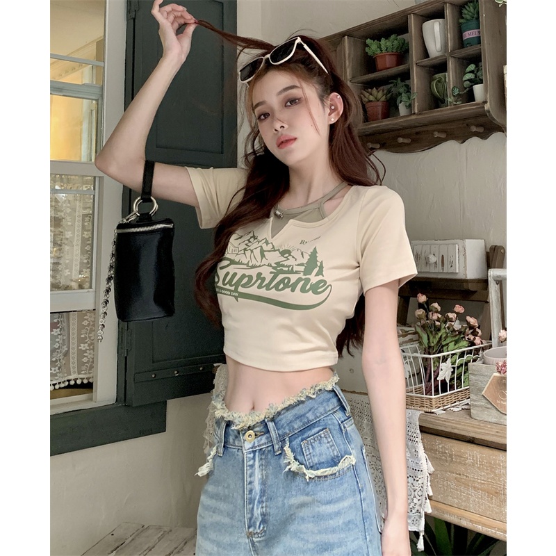 American spice girls cotton neck crop t-shirt ngắn tay ngắn giả hai mảnh