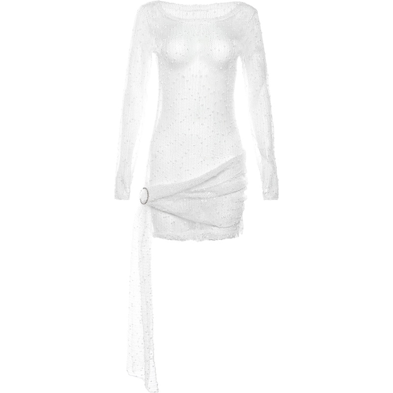 Klalien Đầm Ngắn Ôm Dáng Tay Dài Phối Lưới Xuyên Thấu Quyến Rũ Thời Trang Mùa Thu 2023 Cho Nữ