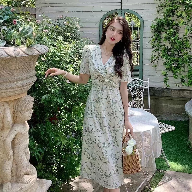 Đầm Voan Hoa Ngắn Tay Cổ Chữ v Thời Trang Mùa Hè