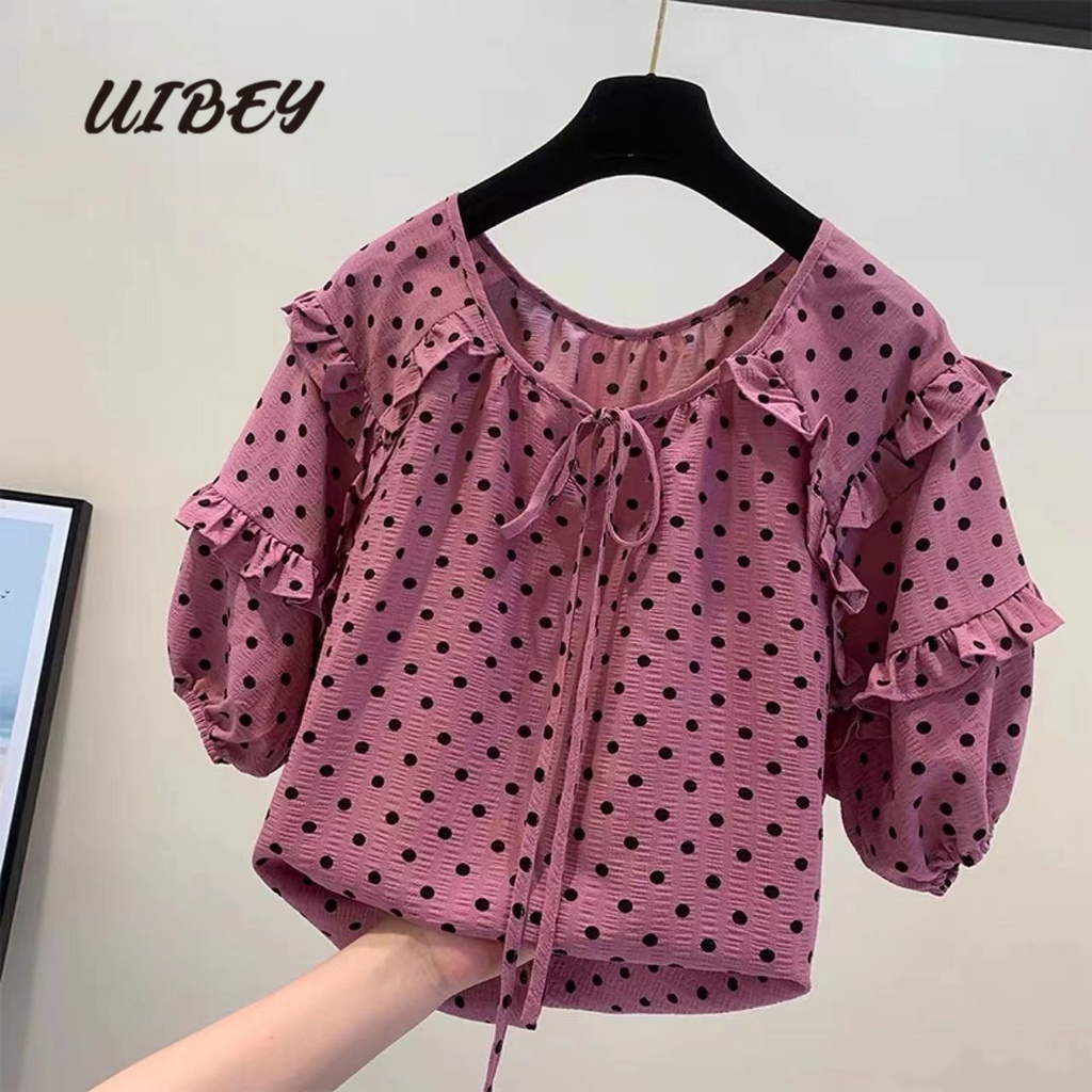 Uibey Bán Sỉ Áo Kiểu Che Bụng Tay Ngắn Họa Tiết Chấm Bi 9759