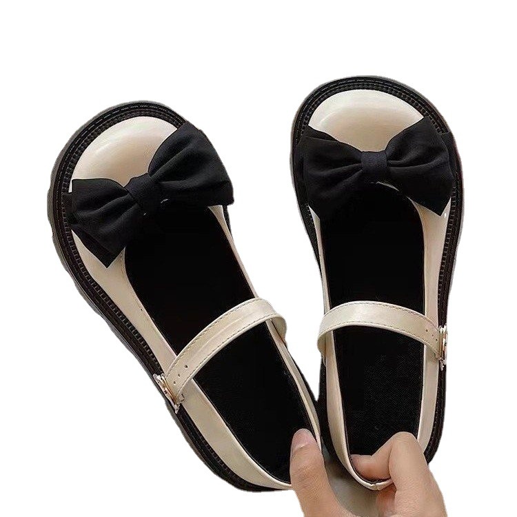 Giày búp bê da đế dày đính nơ to phong cách Nhật Bản thời trang hè 2023 cho nữ