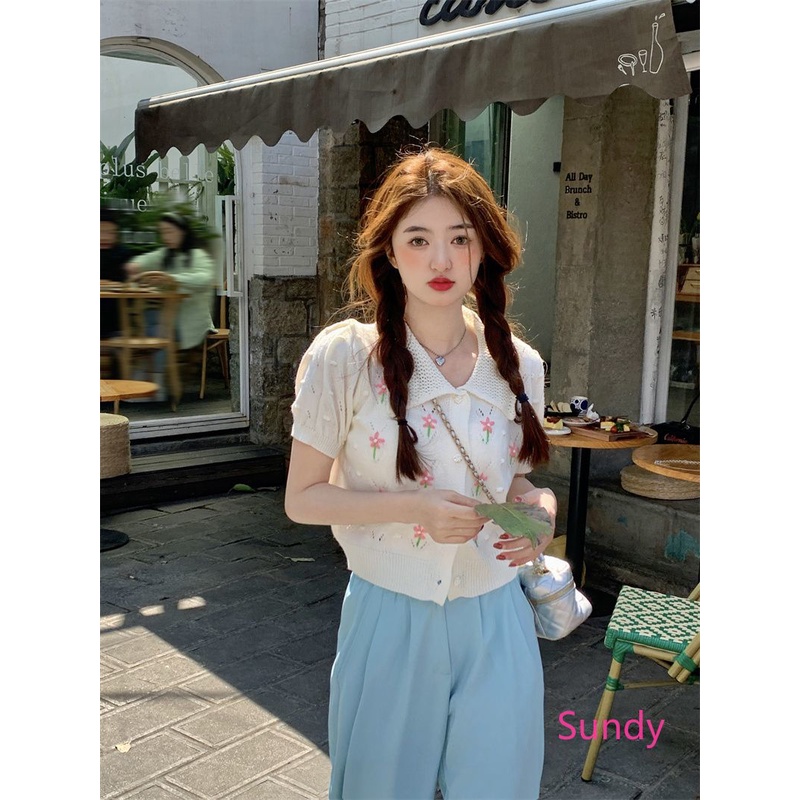 Plus Áo cardigan Dệt Kim Tay Ngắn In Hoa Xinh Xắn Thời Trang Mùa Hè Cho Nữ