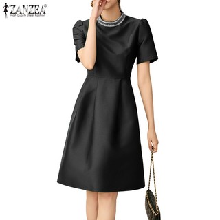 Zanzea Đầm Chữ a Ngắn Tay Cổ Tròn Màu Trơn Thời Trang Hàn Quốc