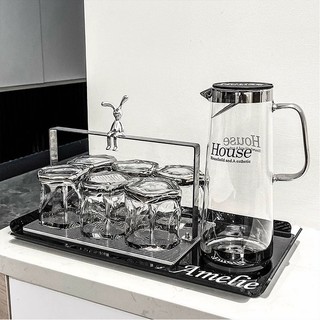 Bộ Bình Cốc uống nước Thủy Tinh Thỏ Bạc Khay hứng nước đen cao cấp sang trọng trang trí phòng khách Haza