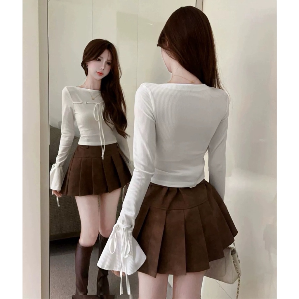 Set áo trắng cột nơ tay loe+chân váy xếp ly nâu