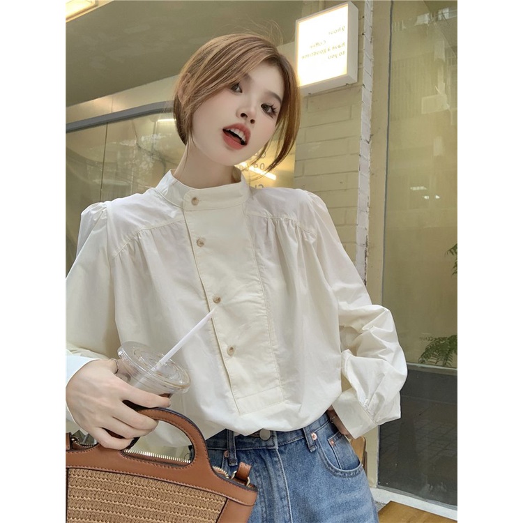 Áo Sơ Mi Cổ Đứng Tay Dài Dáng Rộng Phong Cách Pháp Thời Trang Mùa Thu 2023 Cho Nữ