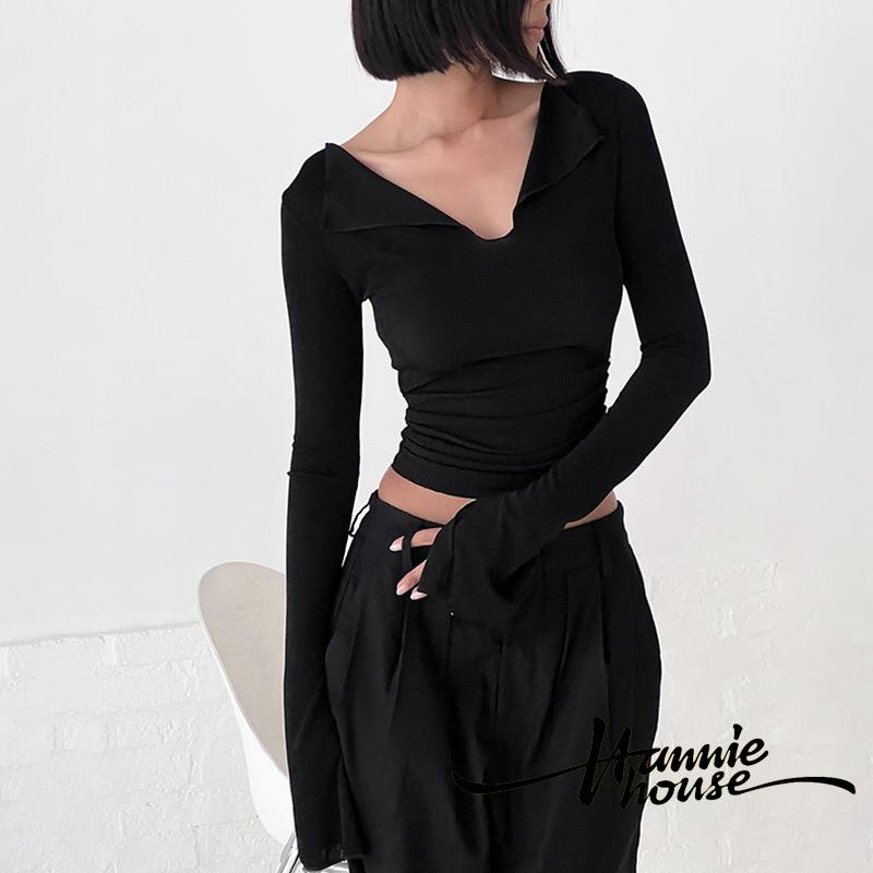 Hannie-áo crop Top Dài Tay Xếp Nếp Màu Trơn Cho Nữ