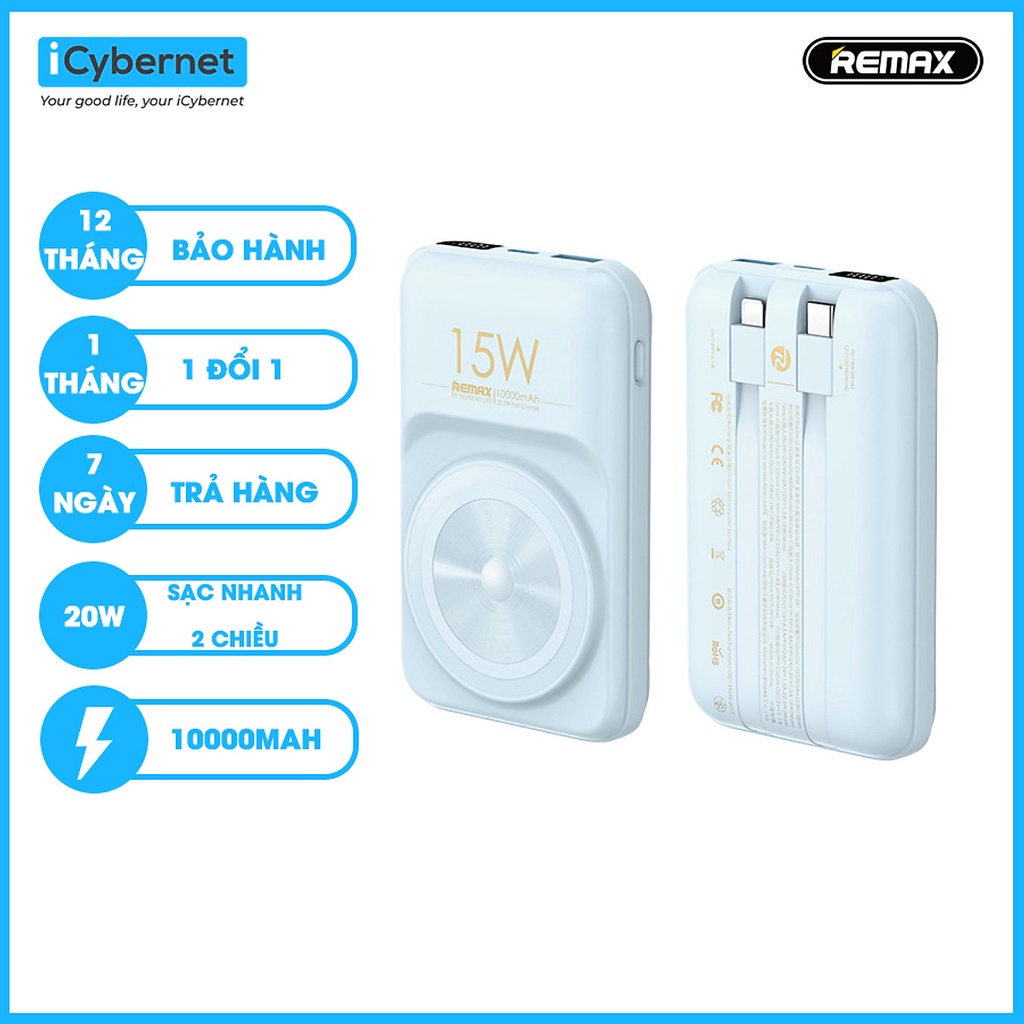 Sạc dự phòng không dây mini sạc nhanh 15W tích hợp dây Remax 10000mah Rpp - 281 chính hãng