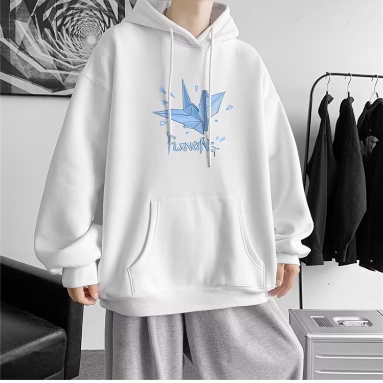 Áo hoodie Tay Dài Dáng Rộng In Họa Tiết Chim Hạc Giấy Thời Trang Hàn Quốc Cho Nam