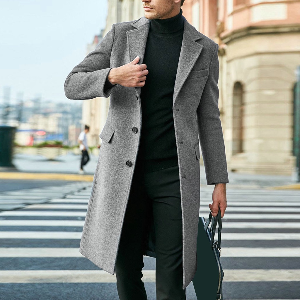 Hvn_đồ Khoác Dài Đến Đầu Gối Dày Thẳng Xẻ Tà Một Hàng Nút Màu Trơn Mùa Thu Đông Phong Cách Anh Quốc Cho Nam