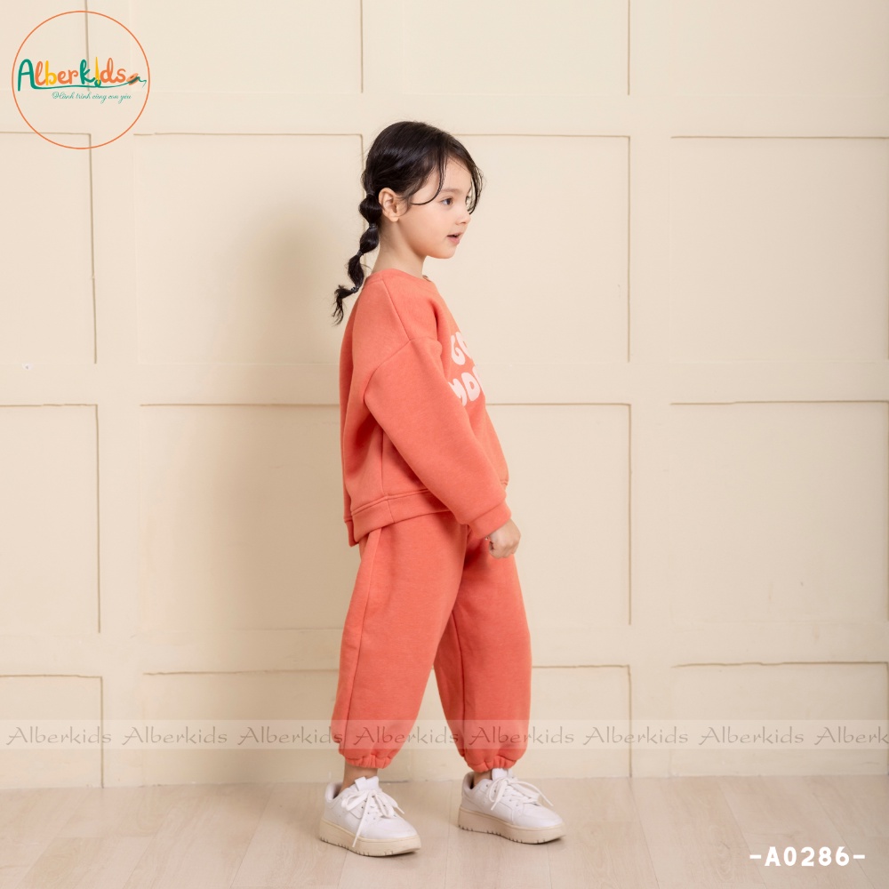 Bộ đồ nỉ in chữ good morning bé gái ALBERKIDS không mũ công chúa xinh đẹp cho trẻ em 2,3,4,5,6,7,8,9,10,11,12 tuôỉ A0286