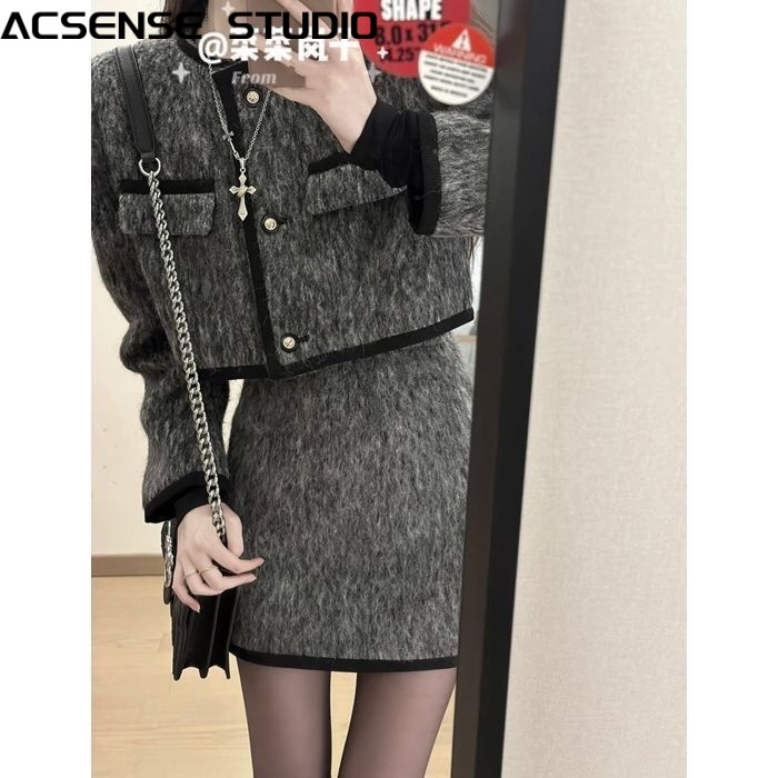 ACSENSE STUDIO set đồ nữ áo dạ tweed áo khoác + chân váy Popular fashionable Thanh lịch Thông thường WCS2300JFR 41Z231010
