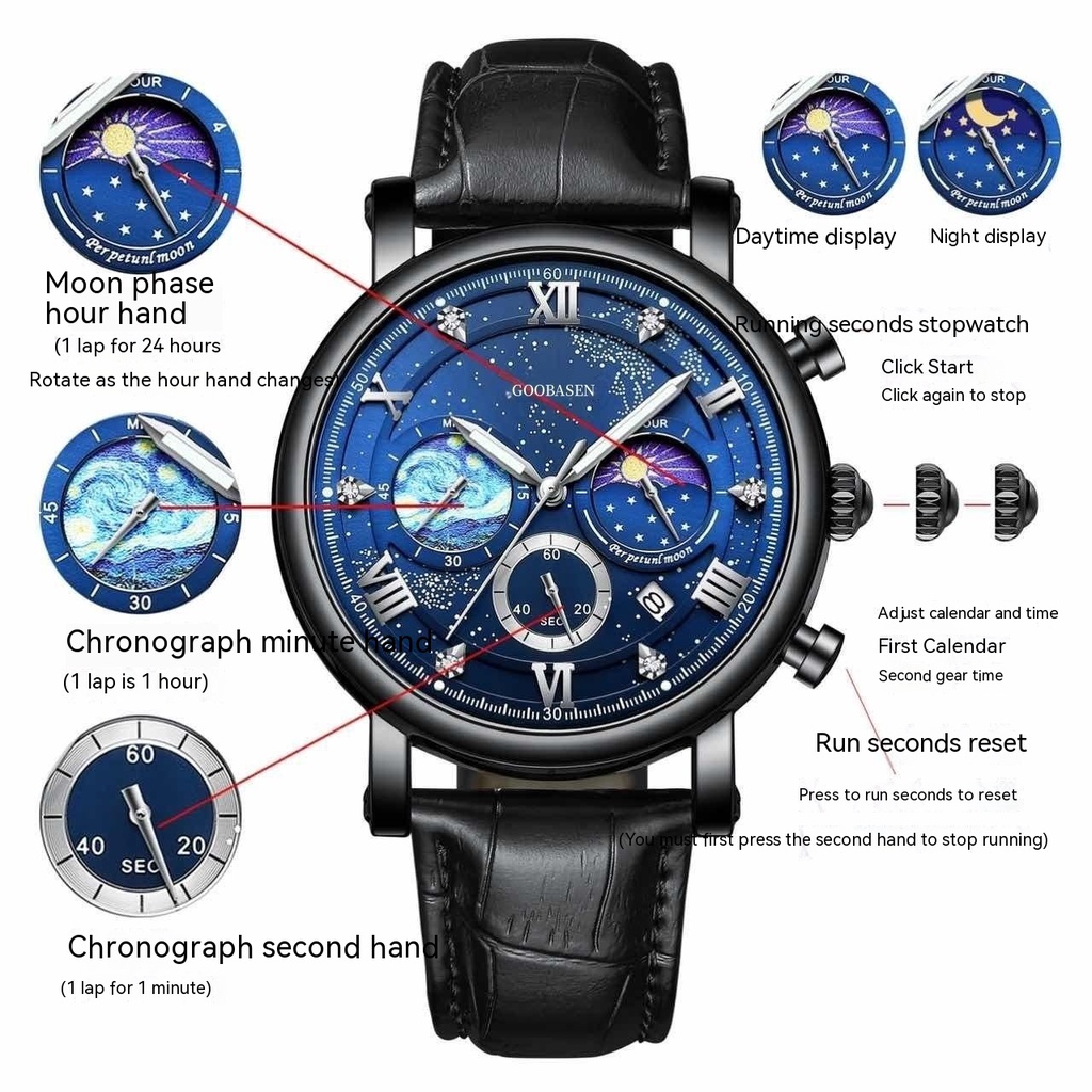 Đồng Hồ Đeo Tay Ba Mắt Chống Nước Phát Sáng Không Cơ Mặt Trời Mặt Trăng Phong Cách Mới Cao Cấp Thời Trang Cho Nam