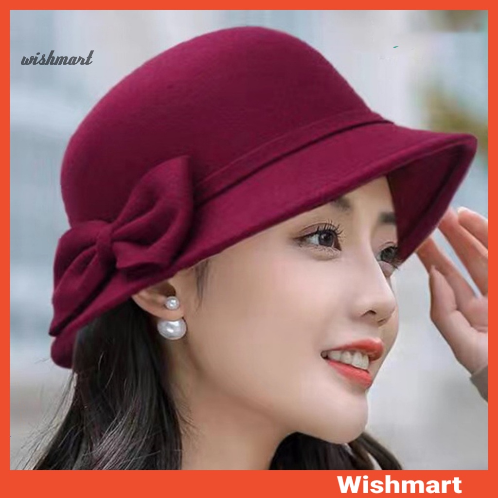 Nón Rộng Vành Vải Nỉ Mềm Đính Nơ Phong Cách retro Mùa Đông Cho Nữ