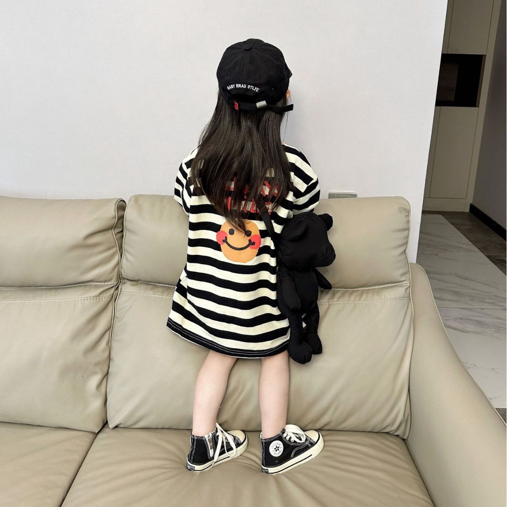 Đầm Nỉ Dài Tay Họa Tiết Kẻ Sọc Mặt Cười Phong Cách Hàn Quốc Cho Bé Gái