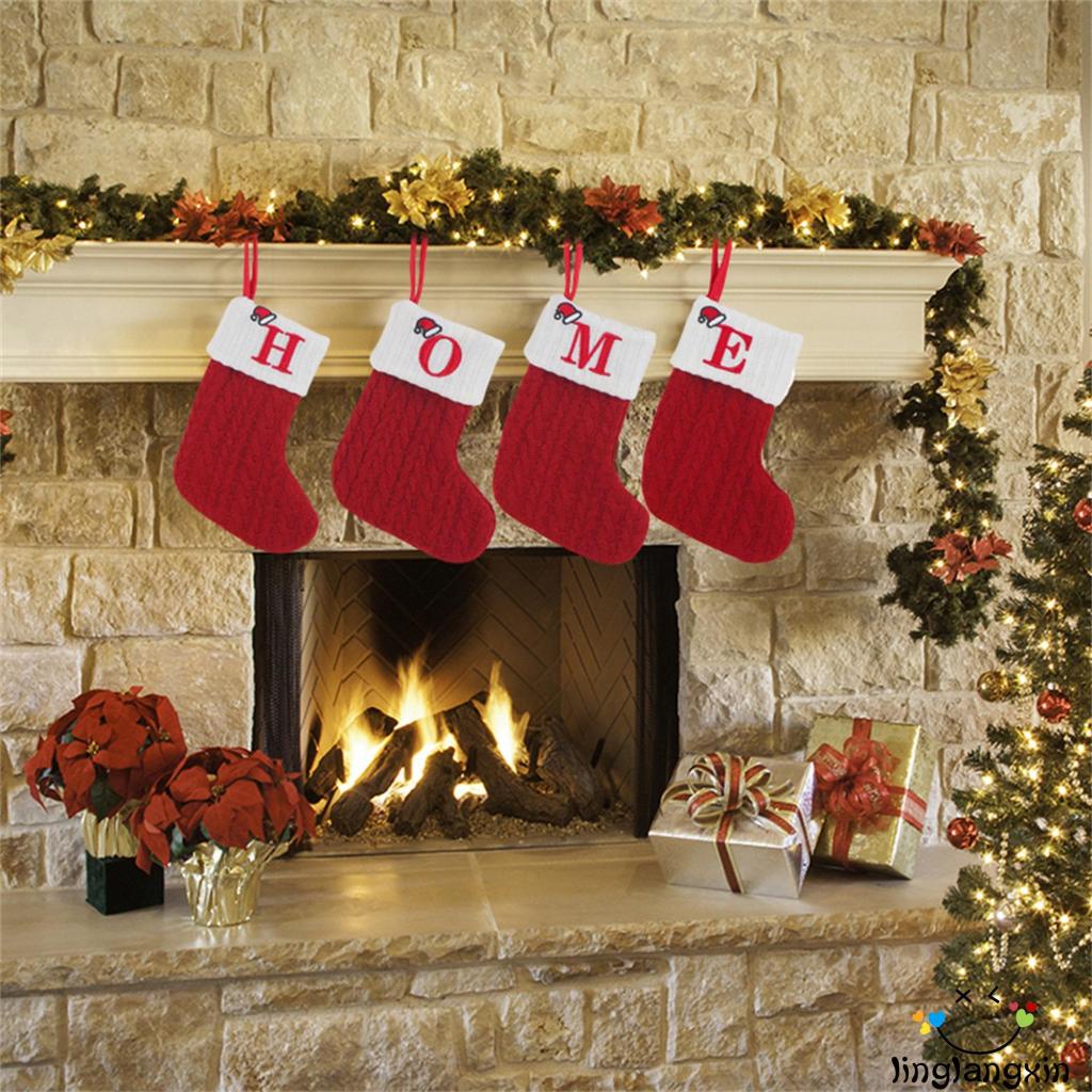 Llx- Tất Dệt Kim In Chữ Màu Đỏ Treo Trang Trí Giáng Sinh