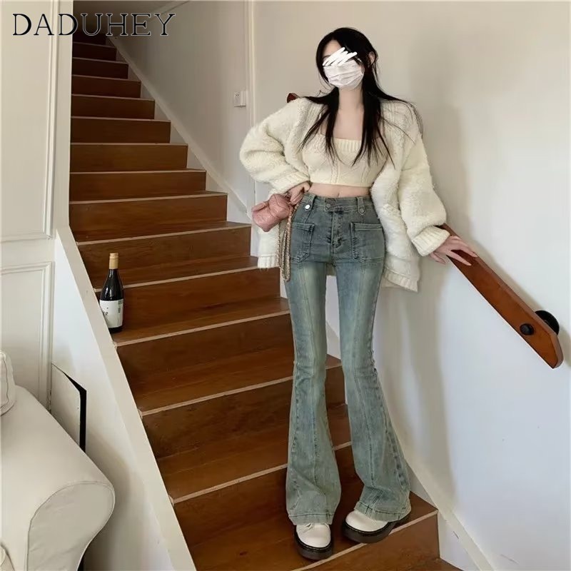 DaDuHey New American Ins High Street Retro Micro-flare Jeans Niche High Waist Wide Leg Pants plus Size Trousers