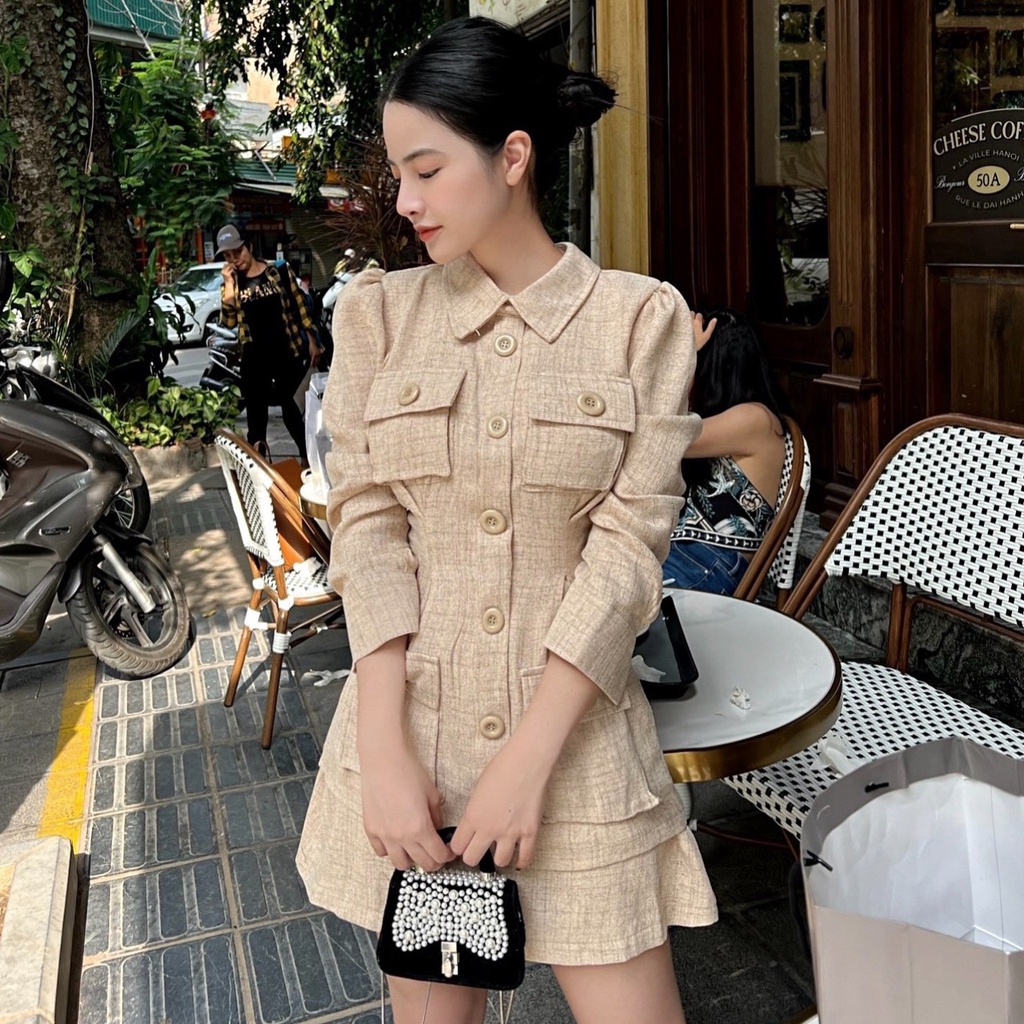 Sét tiểu thư sơ mi tay dài phối túi hộp sang chảnh kèm chân váy