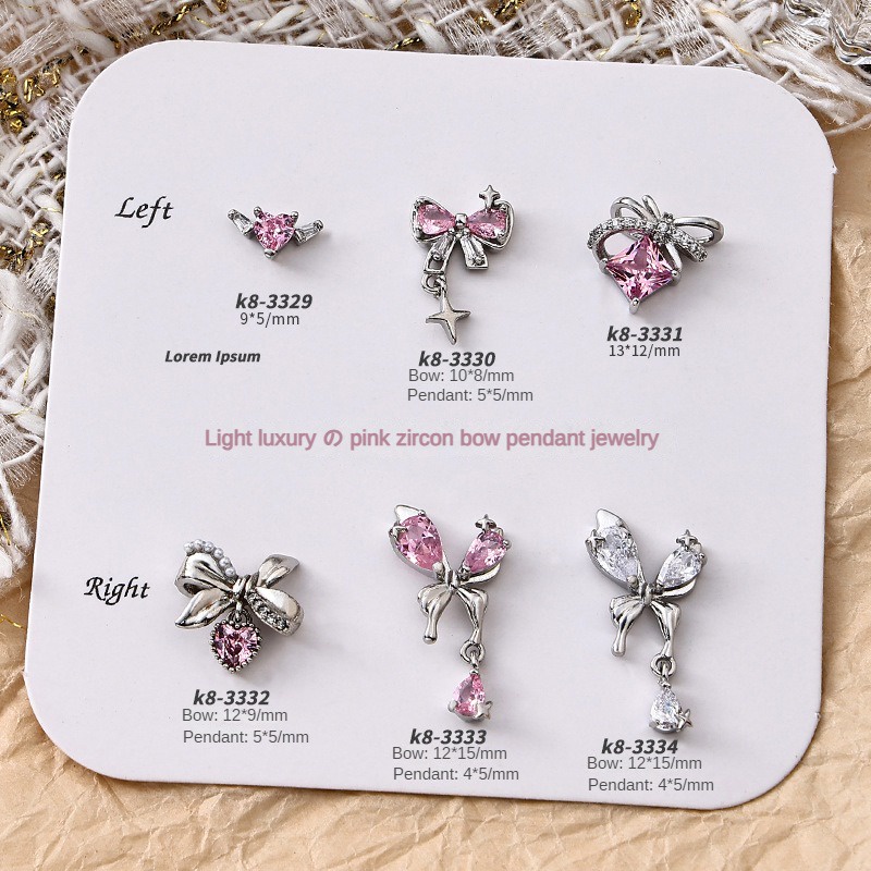 Phụ kiện trang trí móng tay hình nơ màu hồng Zircon / Mặt dây chuyền tình yêu ánh sáng bạc sang trọng trang sức kim cương trang trí móng tay / Đồ trang sức móng tay khảm kim cương hình nơ