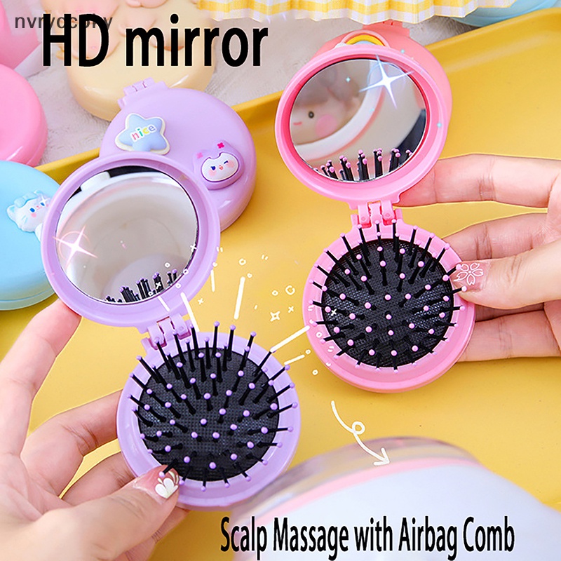 Lược Gấp Chải Tóc massage Da Đầu Kích Thước Nhỏ Tích Hợp Gương Tiện Lợi Dành Cho Nữ vn