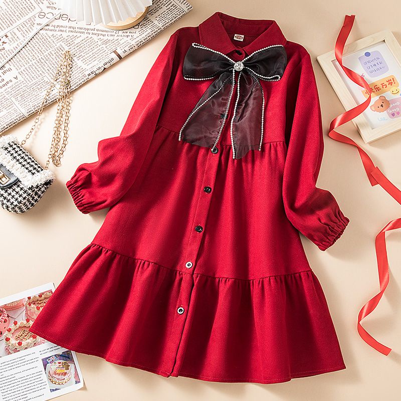 Gmn Đầm Công Chúa Thắt Nơ Lớn Màu Đỏ Phong Cách Hàn Quốc Thời Trang Xuân Thu Năm Mới 2023 Dành Cho Bé Gái