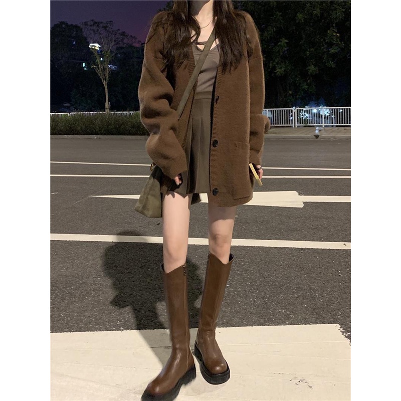 Xindahui Áo Khoác cardigan Dệt Kim Màu Cà Phê Thời Trang Thu Đông 2023 Cho Nữ