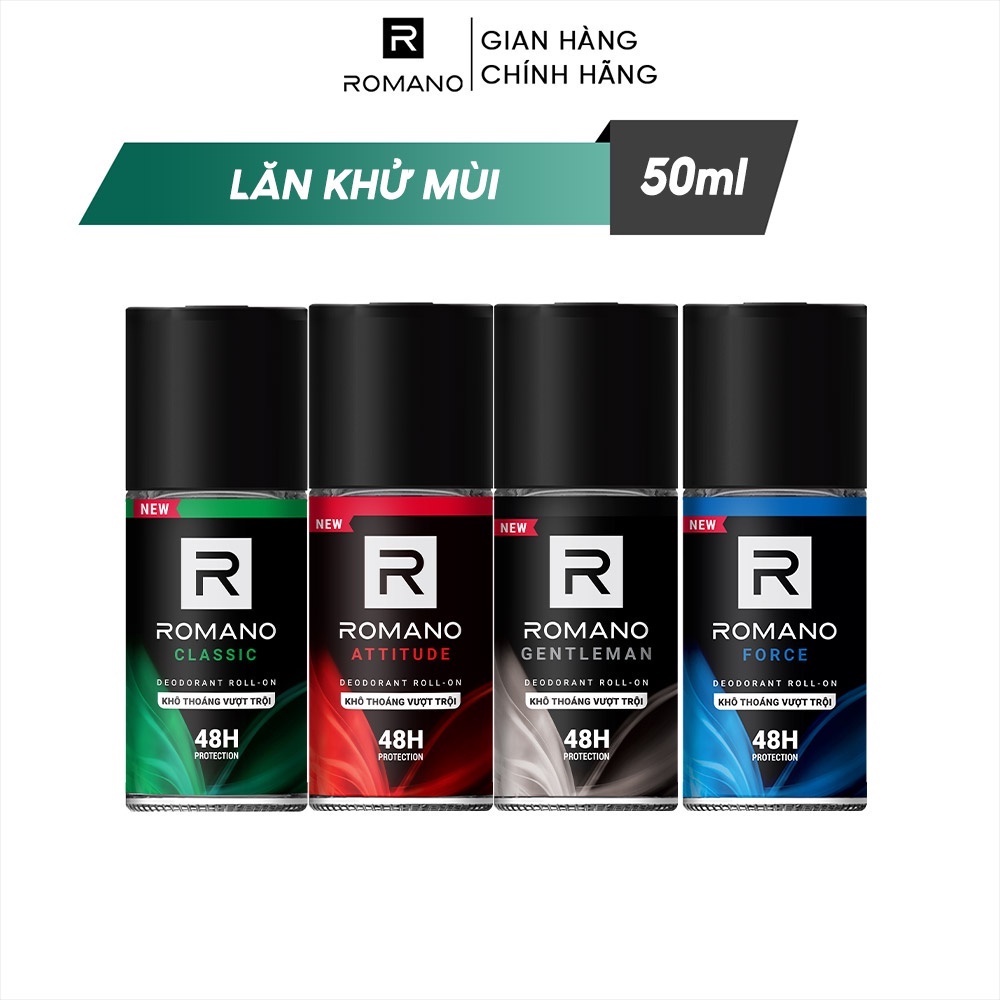 Lăn khử mùi nam kháng khuẩn & khô thoán cả ngày Romano 50ml/chai - 4 mùi có sẵn
