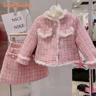 BEAR LEADER Set Đồ Mùa Đông 2 Món Gồm Áo Khoác Kẻ Sọc Caro Đính Nút Ngọc Trai Và Chân Váy Công Chúa Cho Bé Gái 2-7 Tuổi gilr