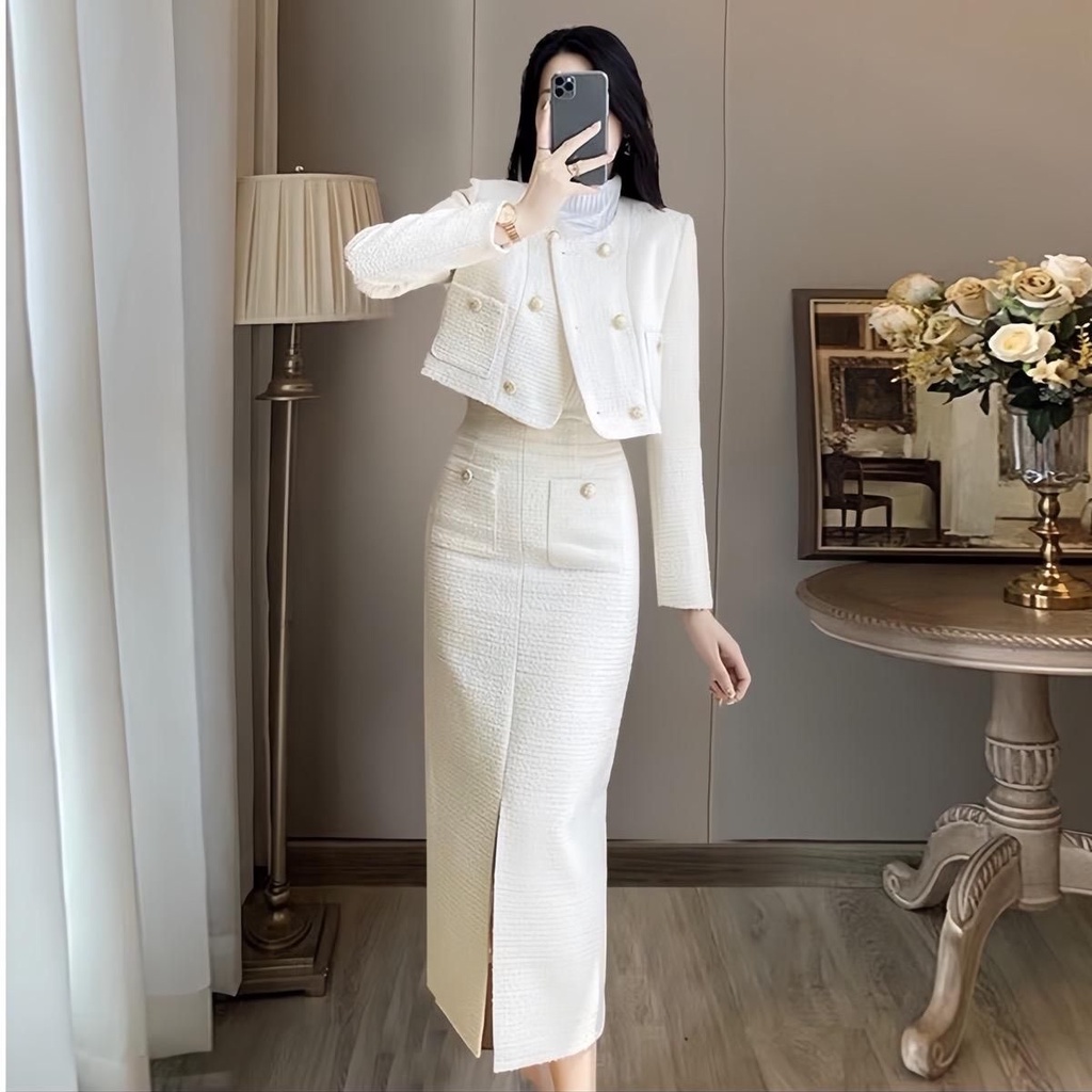 Sét Dạ Tweed Cao Cấp Siêu Hack Dáng, Áo Dáng Ngắn, Chân Váy Dạ Xẻ