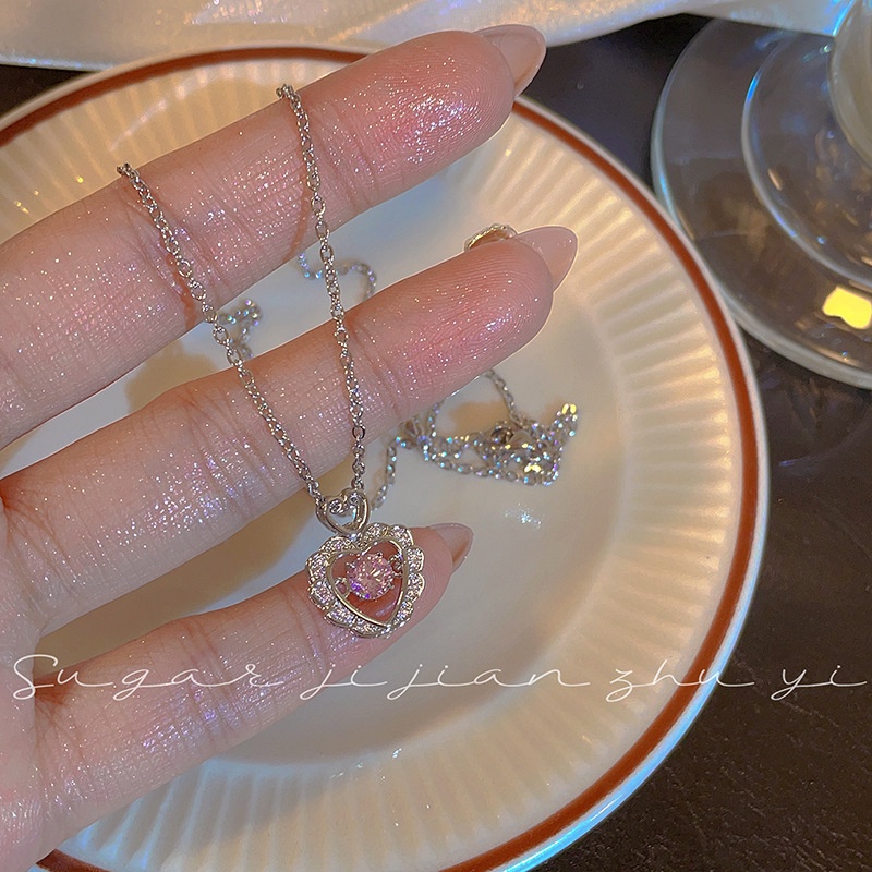 Vòng cổ Mạ Bạc 925 Mặt Trái Tim Đính Đá zircon Hồng Thời Trang