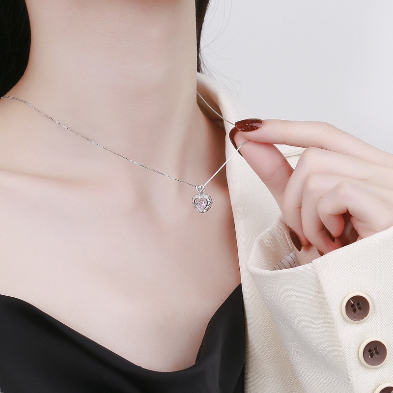 Vòng cổ Mạ Bạc 925 Mặt Trái Tim Đính Đá zircon Hồng Thời Trang