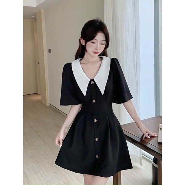 🌻 Set đôi đầm vải dáng xòe cổ nhọn trắng hack dáng xinh xắn + Áo thun cổ polo trắng