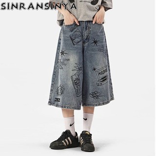 Quần Short denim Ống Rộng In Họa Tiết graffiti Phong Cách Đường Phố Nhật Bản Thời Trang Mùa Hè Cho Nam