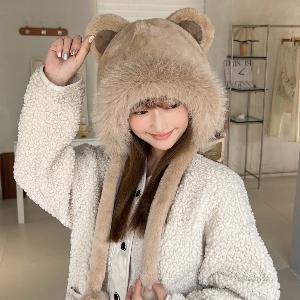 Mũ Tai Gấu Bông Dày Dặn Giữ Ấm Mùa Thu Đông Phong Cách Hàn Quốc Dễ Thương