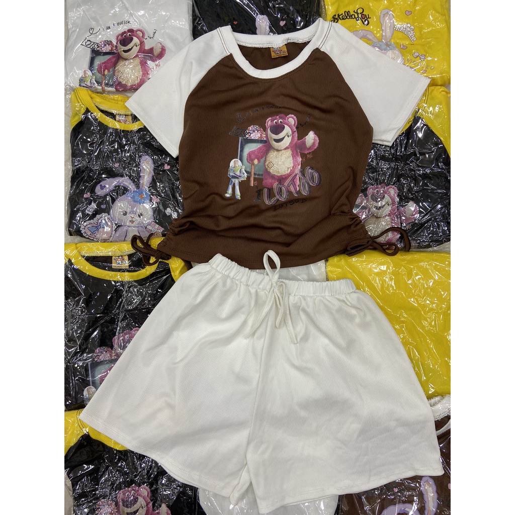 Set áo dây rút 2 bên họa tiết hoạt hình + quần đùi vải thun gân tăm cho bé gái đi chơi, đi học