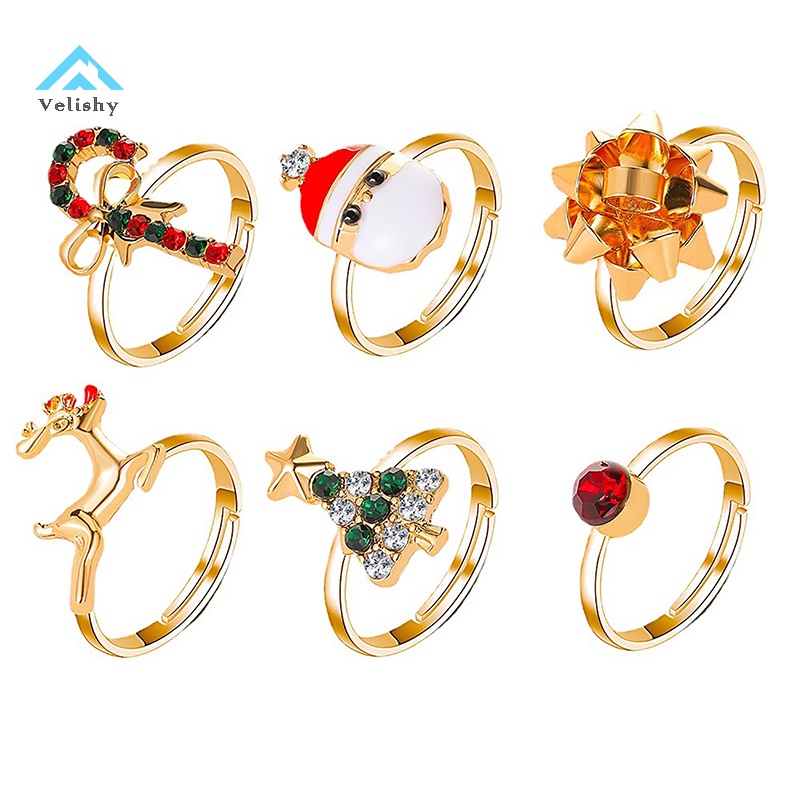 Set 6 Nhẫn Hở Hình Ông Già Noel Tuần Lộc Giáng Sinh Đính Đá zircon Dễ Thương Có Thể Điều Chỉnh Làm Quà Tặng Giáng Sinh Năm Mới