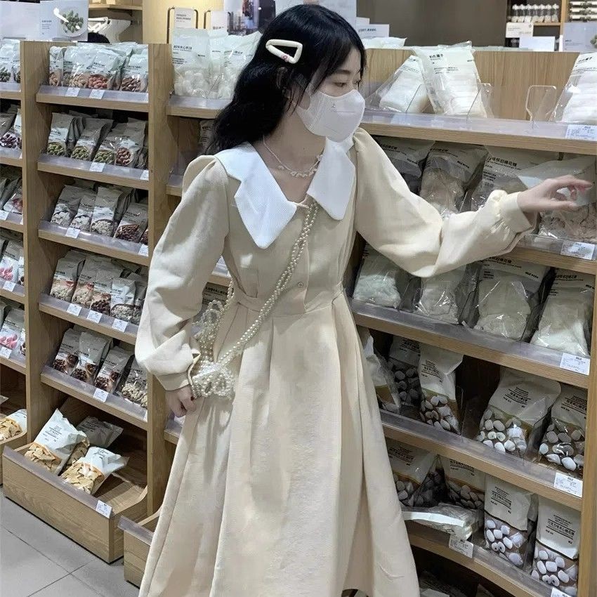 Đầm Nhung Dáng Chữ a Dài Chiết Eo Kiểu retro Pháp Thời Trang Xuân Thu Cho Nữ Thời trang
