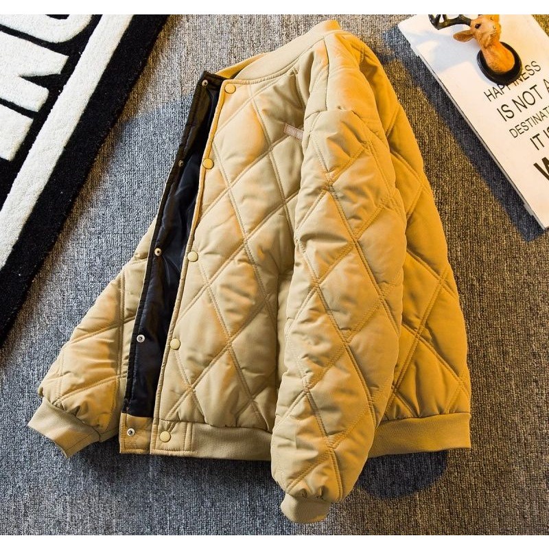 Áo Khoác Bóng Chày Bằng cotton Dày Dáng Rộng Kẻ Sọc Caro Hình Thoi Ấm Áp Mùa Đông Cho Nam