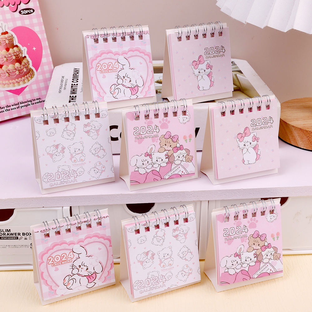 Lịch Để Bàn mini 2024 Dạng Gập Di Động Hình Mèo Hoạt Hình Màu Hồng / Lịch Để Bàn Trang Trí Dễ Thương