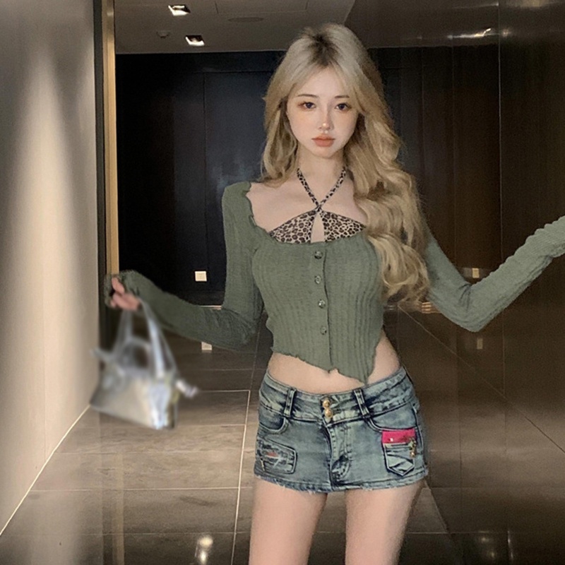 Áo Thun Lửng Tay Dài Giả Hai Lớp Họa Tiết Da Báo Phong Cách Hàn Quốc Quyến Rũ Dành Cho Nữ
