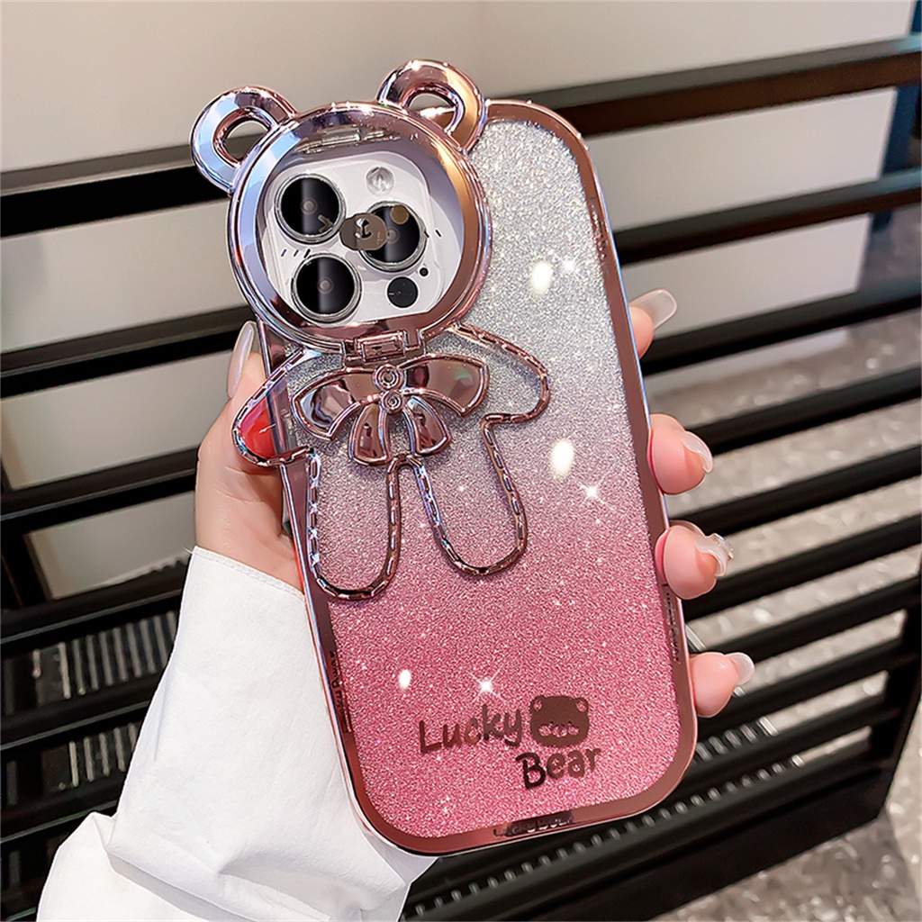 Sang Trọng Ốp Điện Thoại Silicon Mềm Hình Gấu 3d Kim Tuyến gradient Cho iphone 15 12 13 14 11 pro max 11pro 15pro 14 15 plus