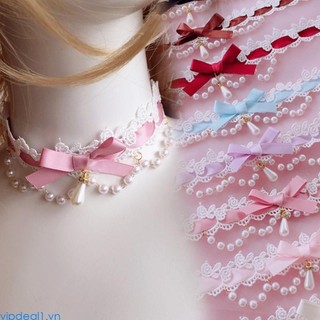 Vòng Cổ choker Phối Ren Đính Hạt Ngọc Trai Dễ Thương Phong Cách lolita vipdeal1